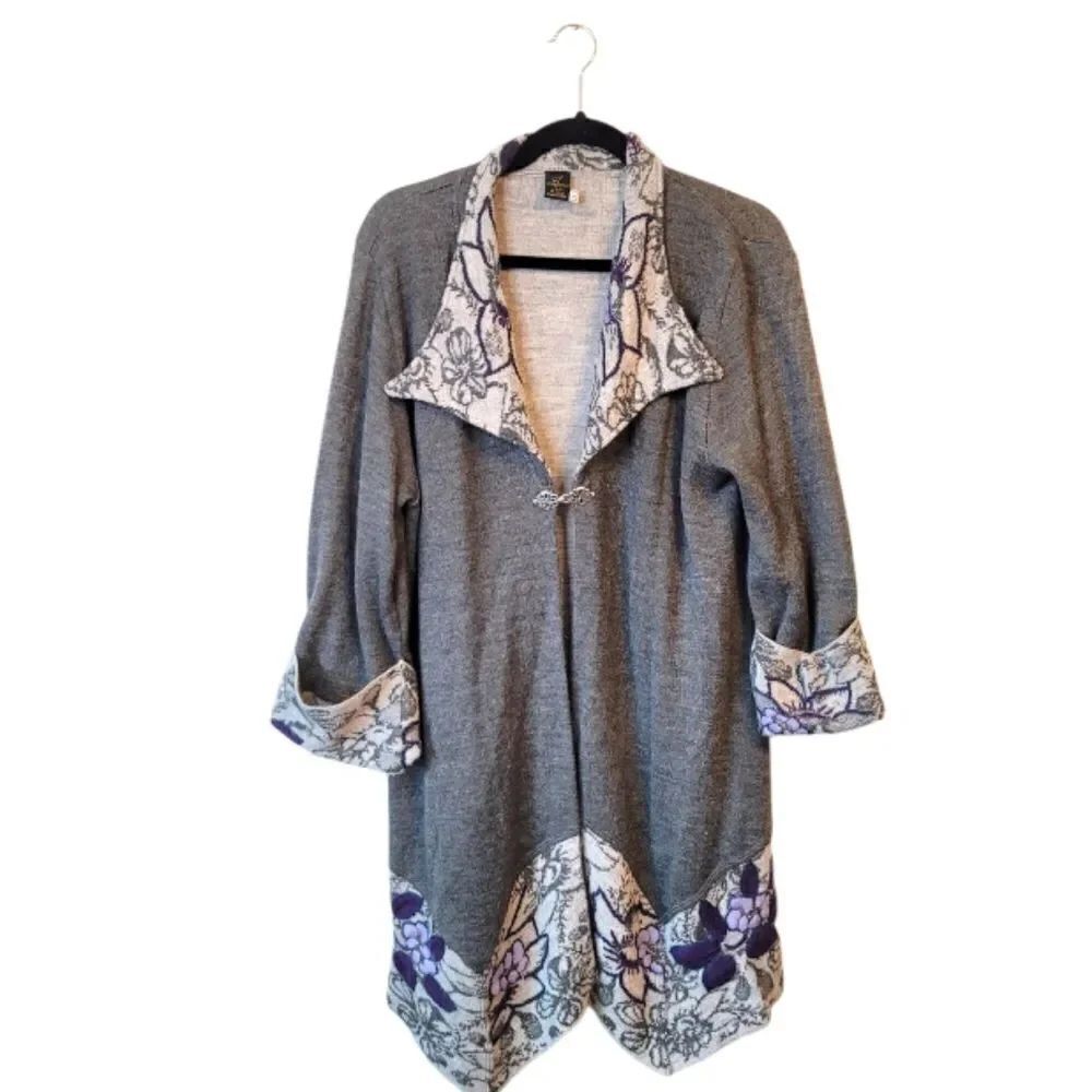 International Gift Alpaca Grey And Purple Floral Long Line Duster Cardigan Size